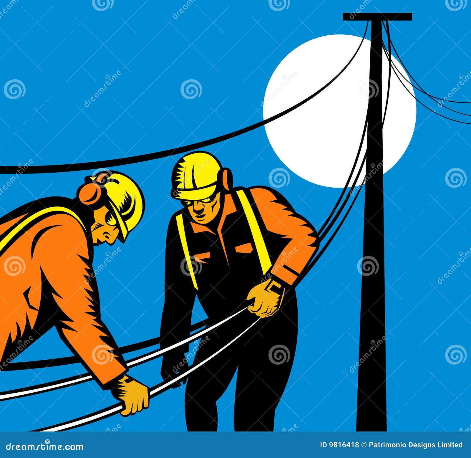 Two linemen at work stock illustration. Illustration of illustration