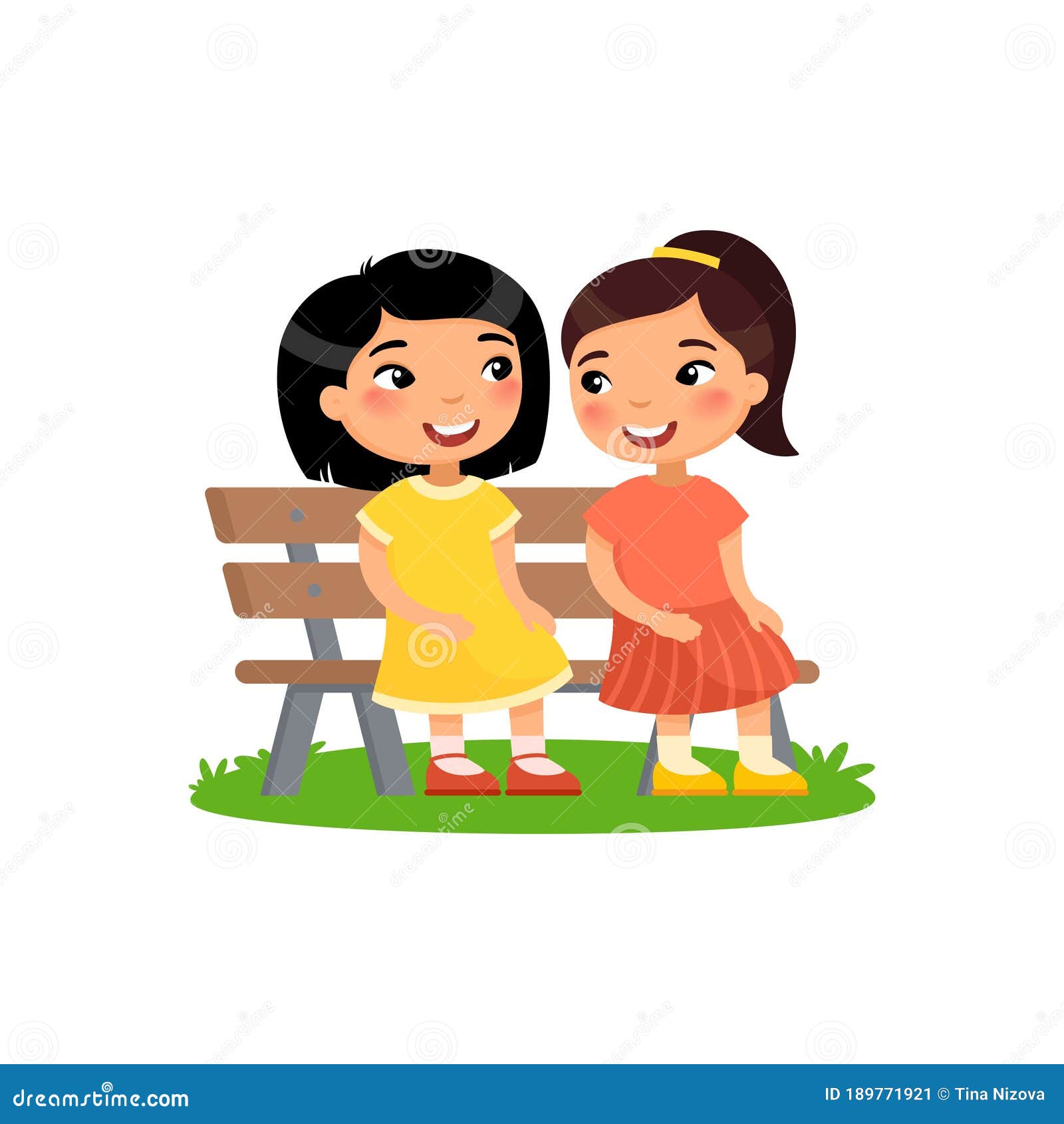 Two Little Asian Girls are Sitting on Bench. Girlfriends are Talking Stock  Vector - Illustration of happy, friend: 189771921