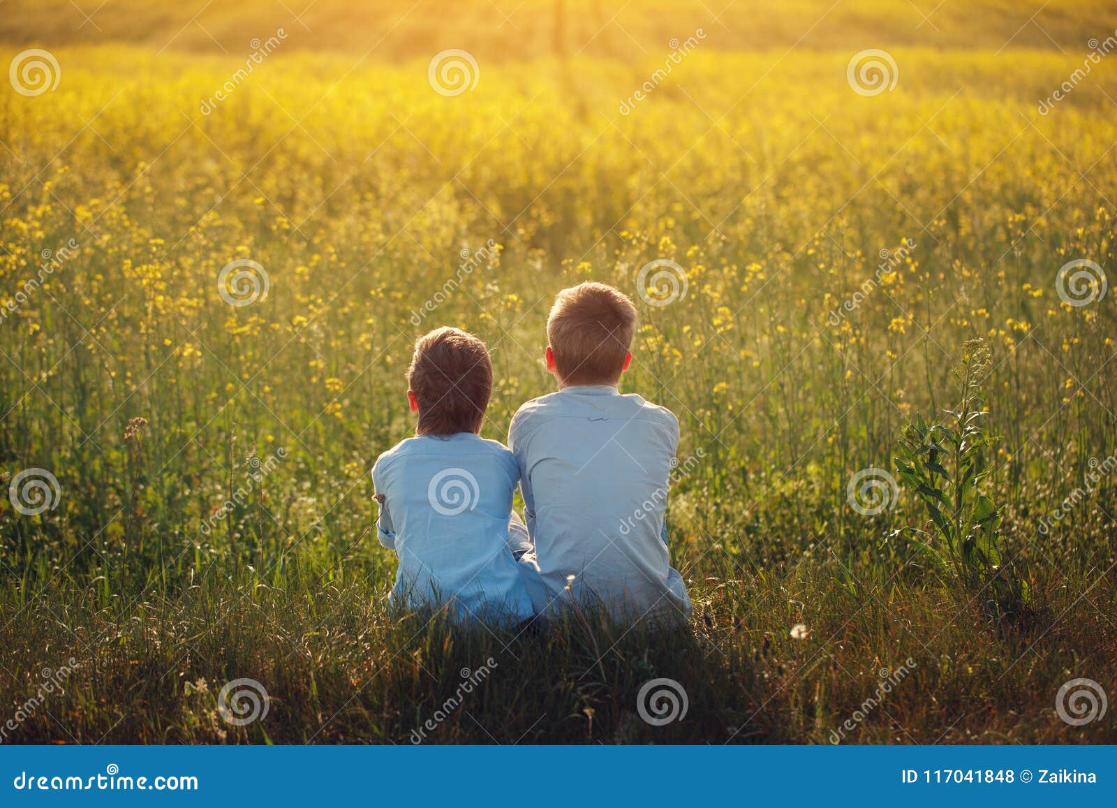 Two Little Boys Friends Hug Each Other on Sunset Summer. Brother ...
