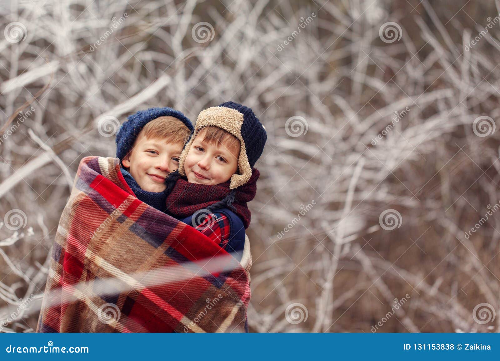 Two Little Boys Friends Hug Under Warm Blanket in Winter Forest ...