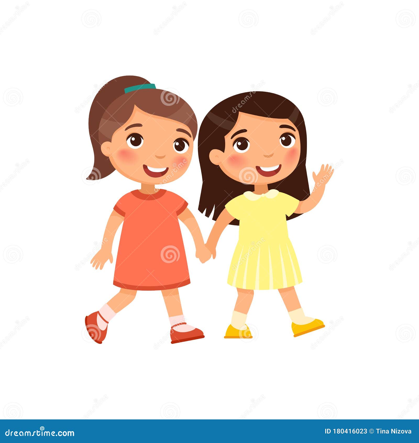 Two Little Girls Go Holding Hand, Cartoon Characters. Stock Illustration -  Illustration of affection, feeling: 180416023