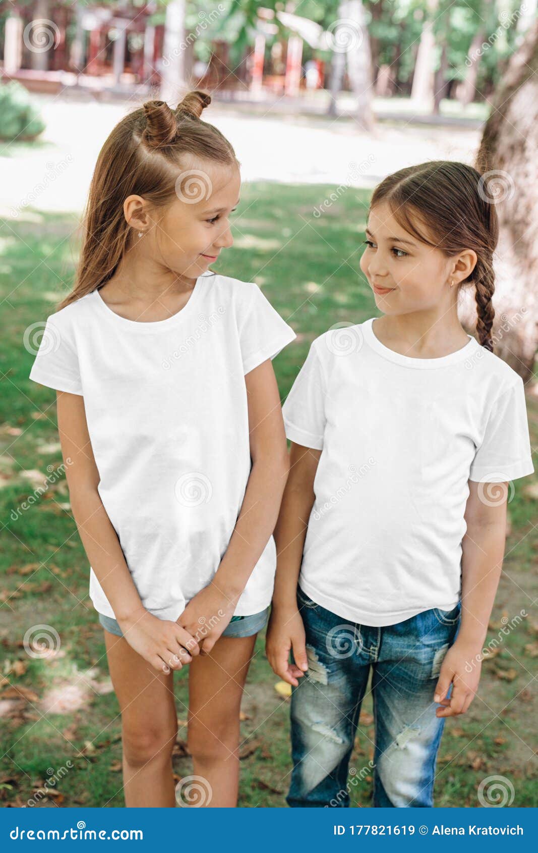 Aftale Matematisk loop Two Little Girls in White T-shirts Standing in Park Outdoor. Mock Up. Stock  Image - Image of caucasian, background: 177821619