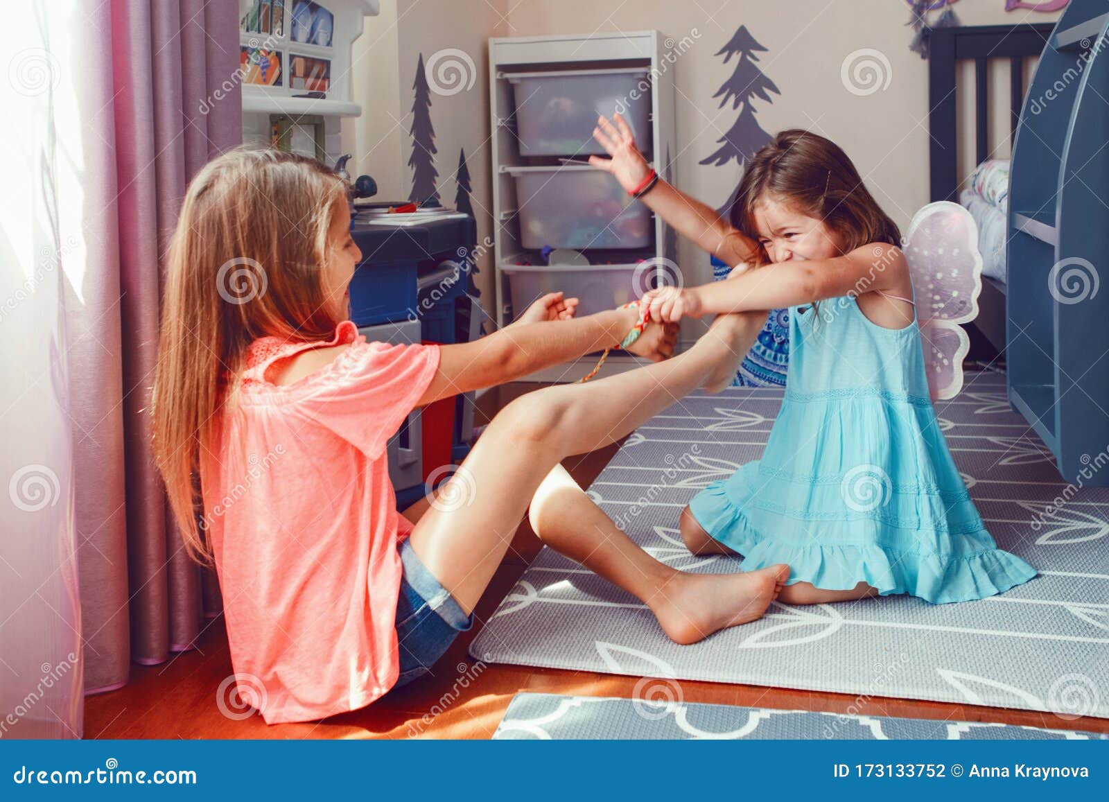 Two Little Mad Angry Girls Sisters Having Fight At Home Friends Girls