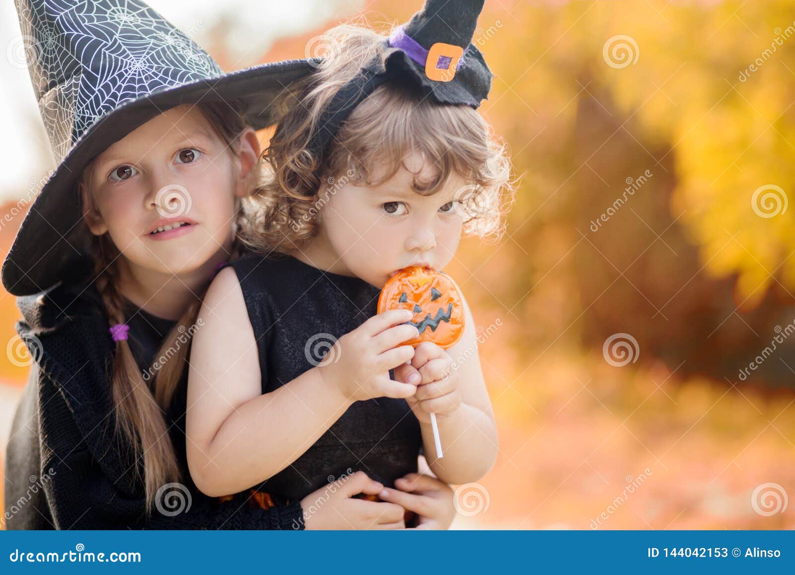 Two Little Sisters Dressed Like Witches, Trick or Treat Stock Image ...