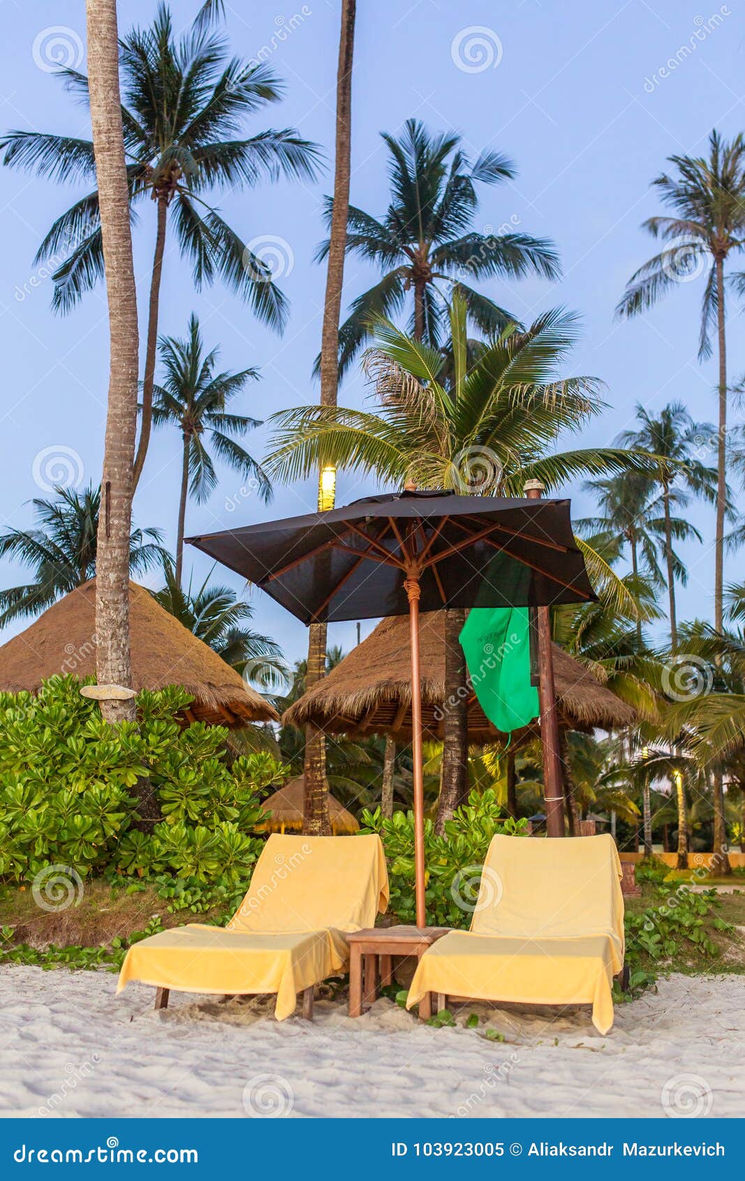 Two Lounge Chairs with Sun Umbrella on a Beach Stock Image Image of
