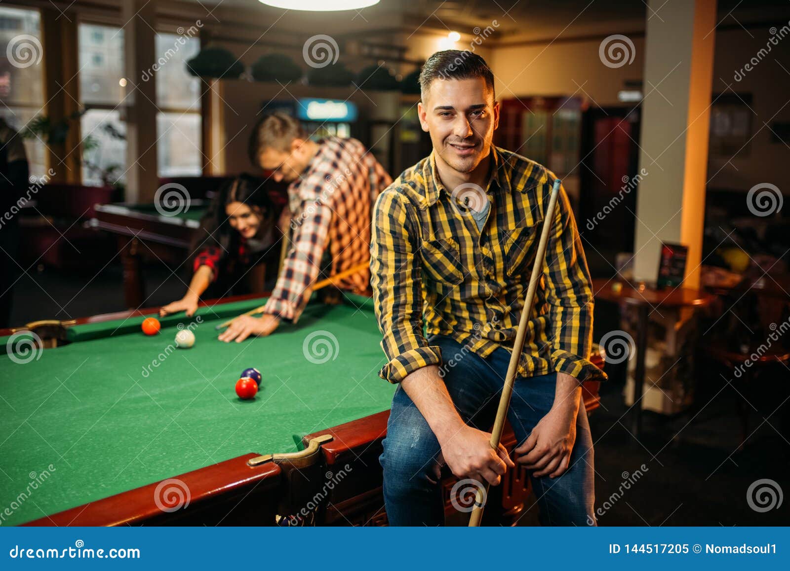 Two Male Billiard Players with Cues Poses Stock Image Image of hobby