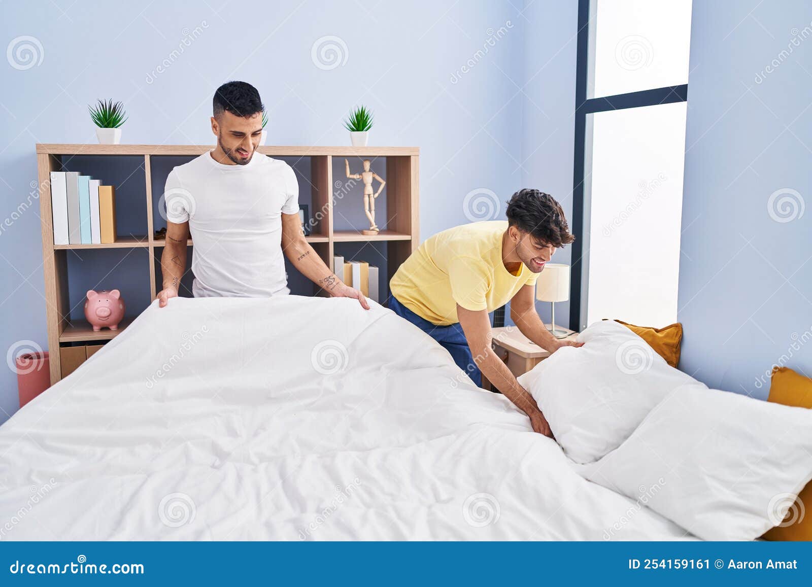 Two Man Couple Doing Bed at Bedroom Stock Image Image of pajamas