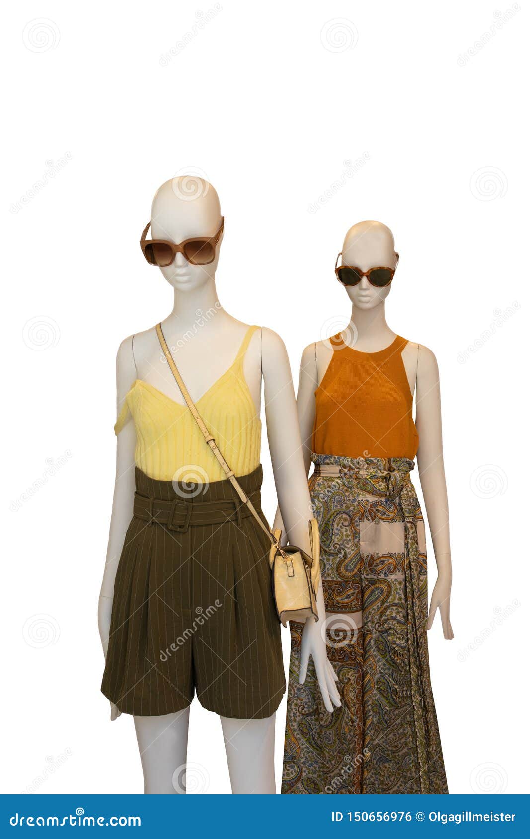 Two Mannequin Dressed with Female Yellow Shirt, Elegant Brown Shorts ...