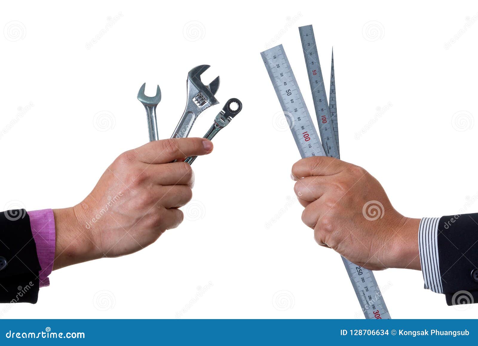 Two Mechanic Engineers Holding Tooling And Scale Together O