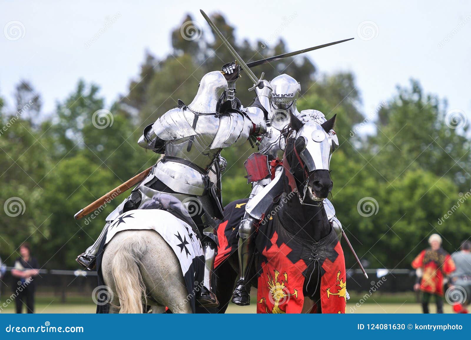 Two Medieval Knights Confront during Jousting Tournament Stock Photo