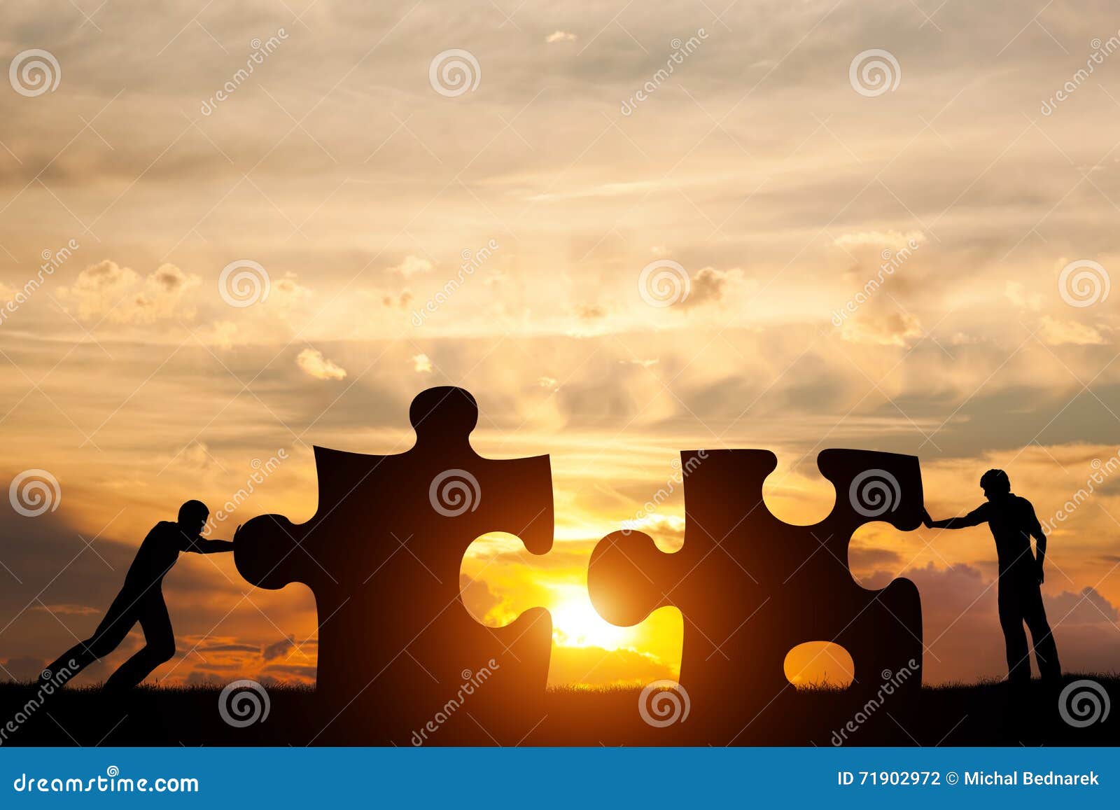 two men connect two puzzle pieces. concept of business solution, solving a problem.