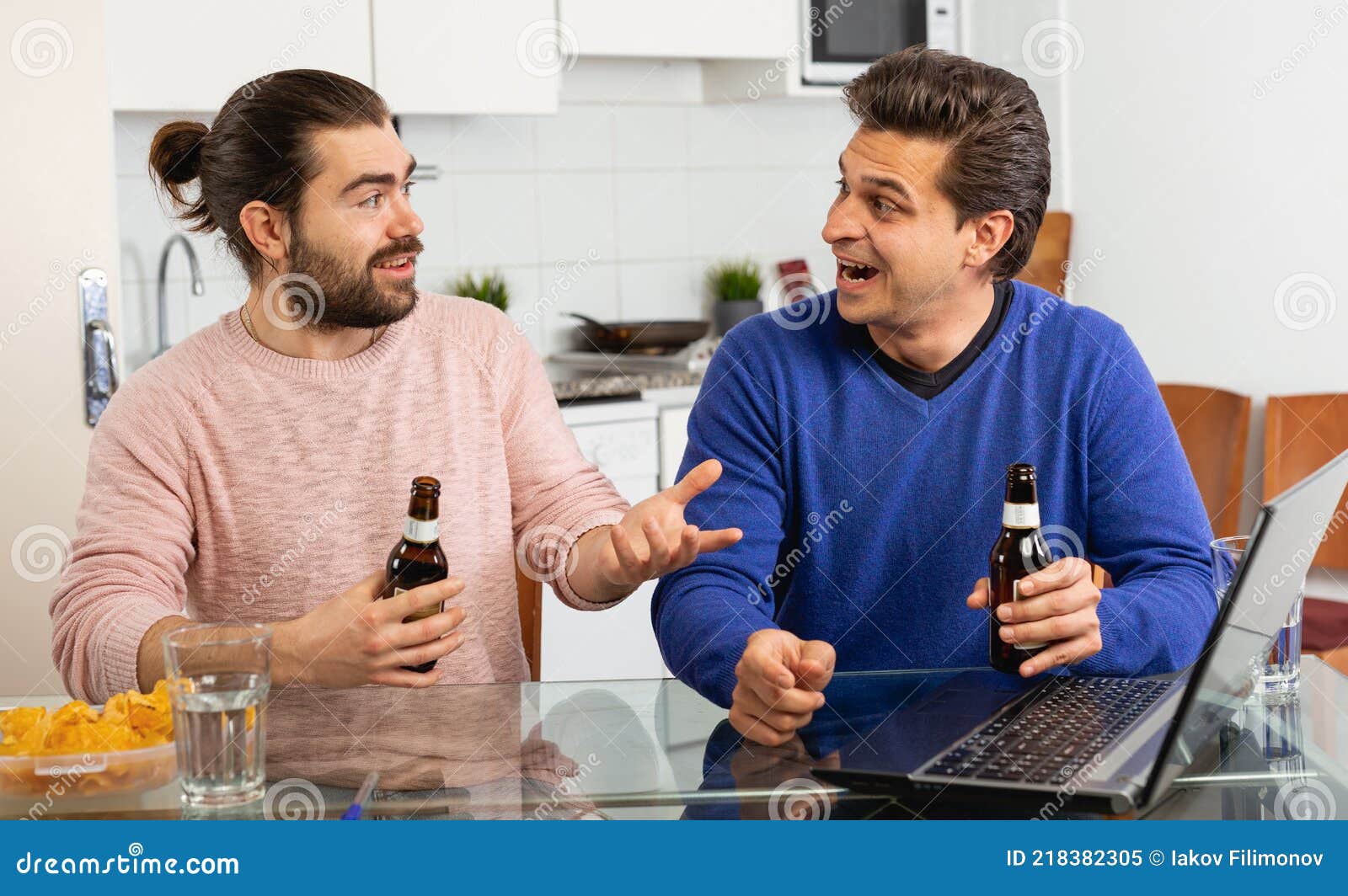 Two Men Friends Are Talking And Drinking Beer Stock Image Image Of