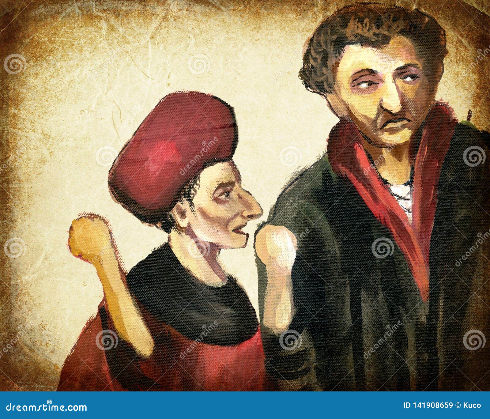 Two Men. Hand Painting. Vintage Processing Stock Illustration