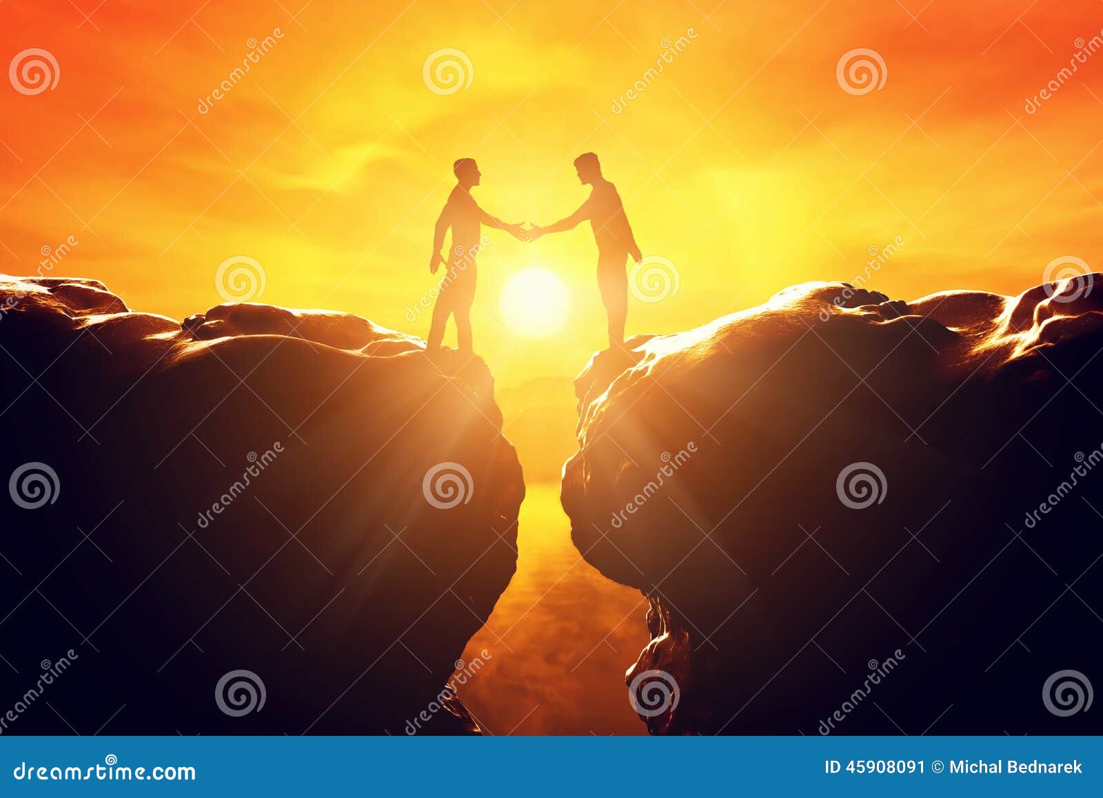 two men shake hands over precipice. business deal