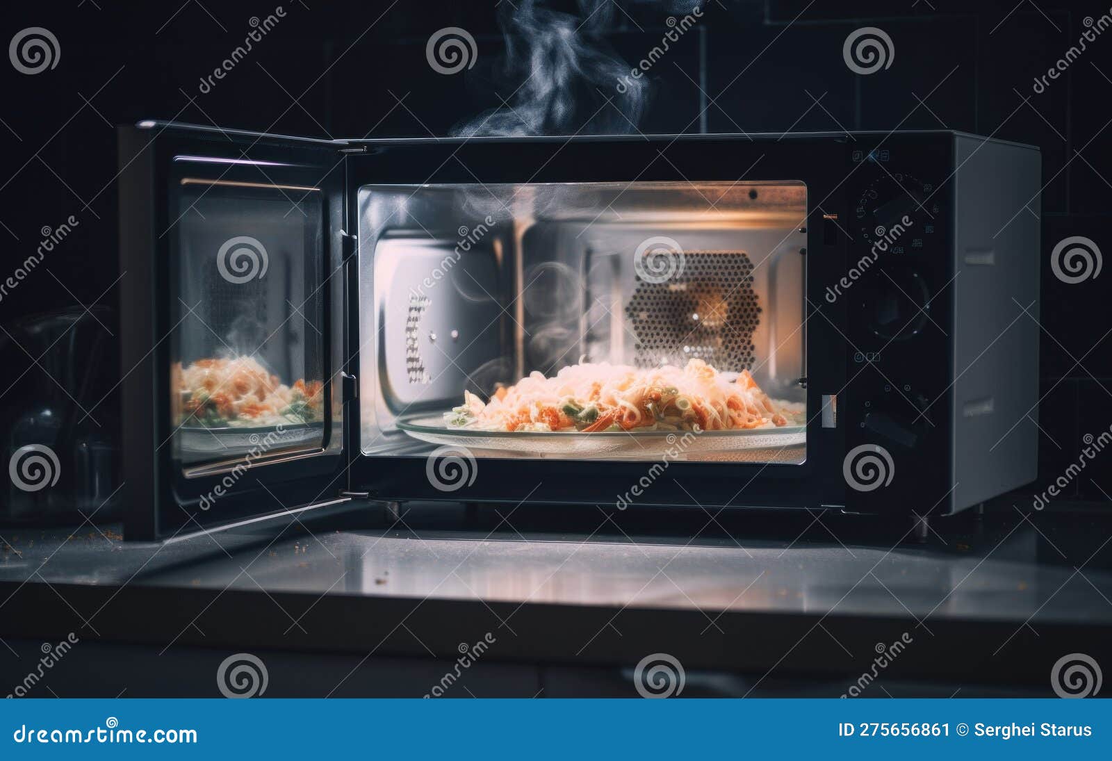 two microwaves with food cooking inside of them. ai generative image.