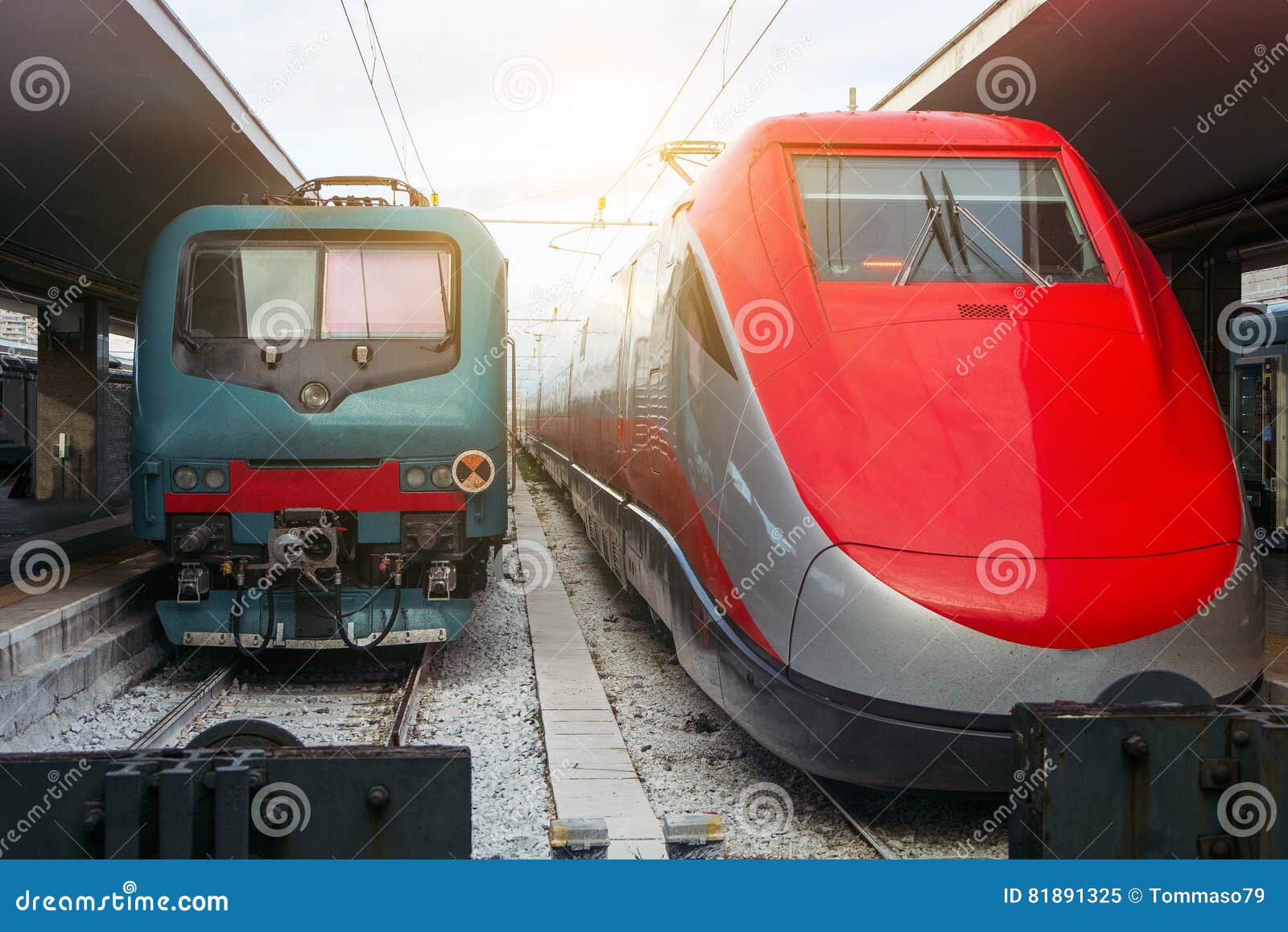 Two Modern Train Engines in a Train Station Stock Image Image of
