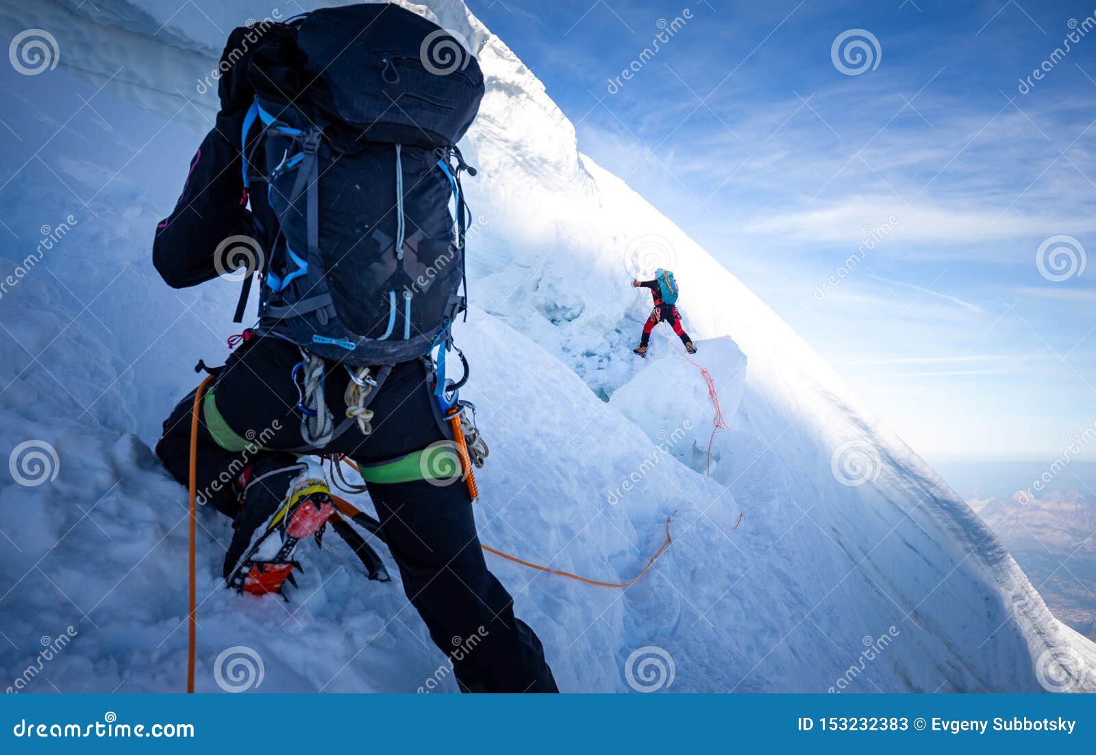 two mountaineers climb steep glacier ice crevasse extreme sports, mont blanc du tacul mountain, chamonix france travel, europe