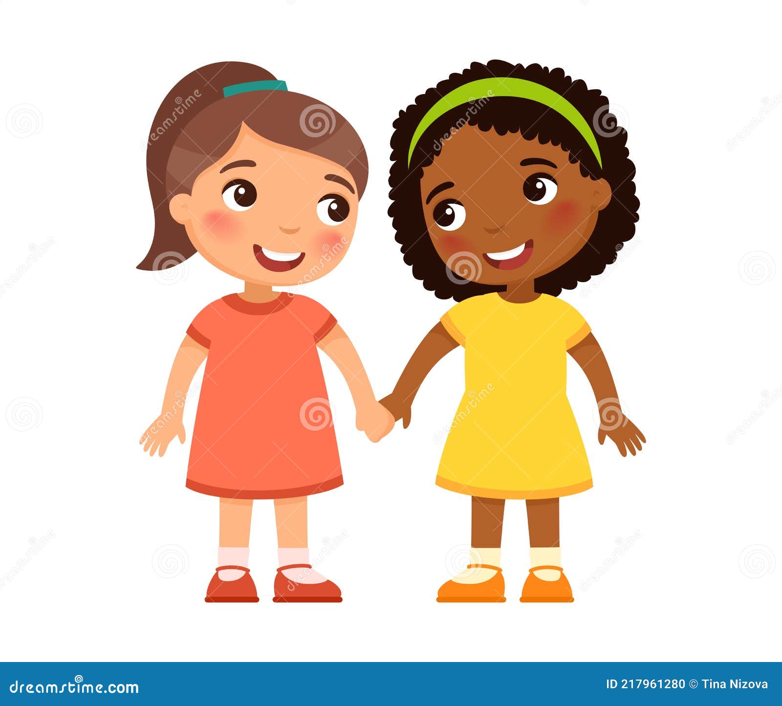 Two Multiracial Little Girls Holding Hand, Cartoon Characters. Stock Vector  - Illustration of child, dark: 217961280