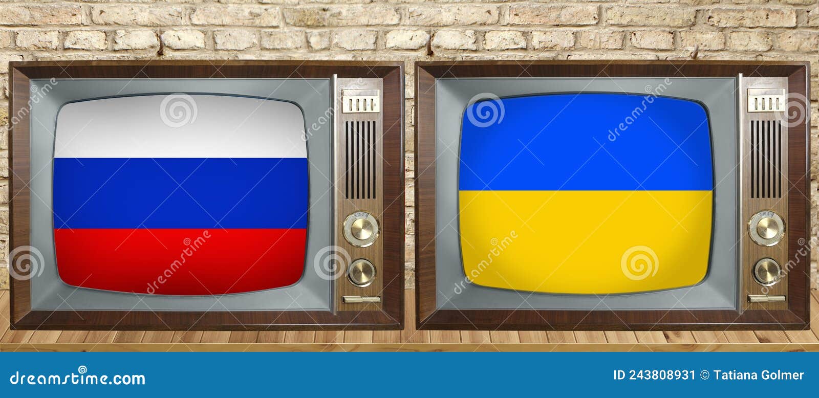two national flags of russia and ukraine, old retro tube analog tv with screen 1960-1970, stylish vintage mockup, for video,
