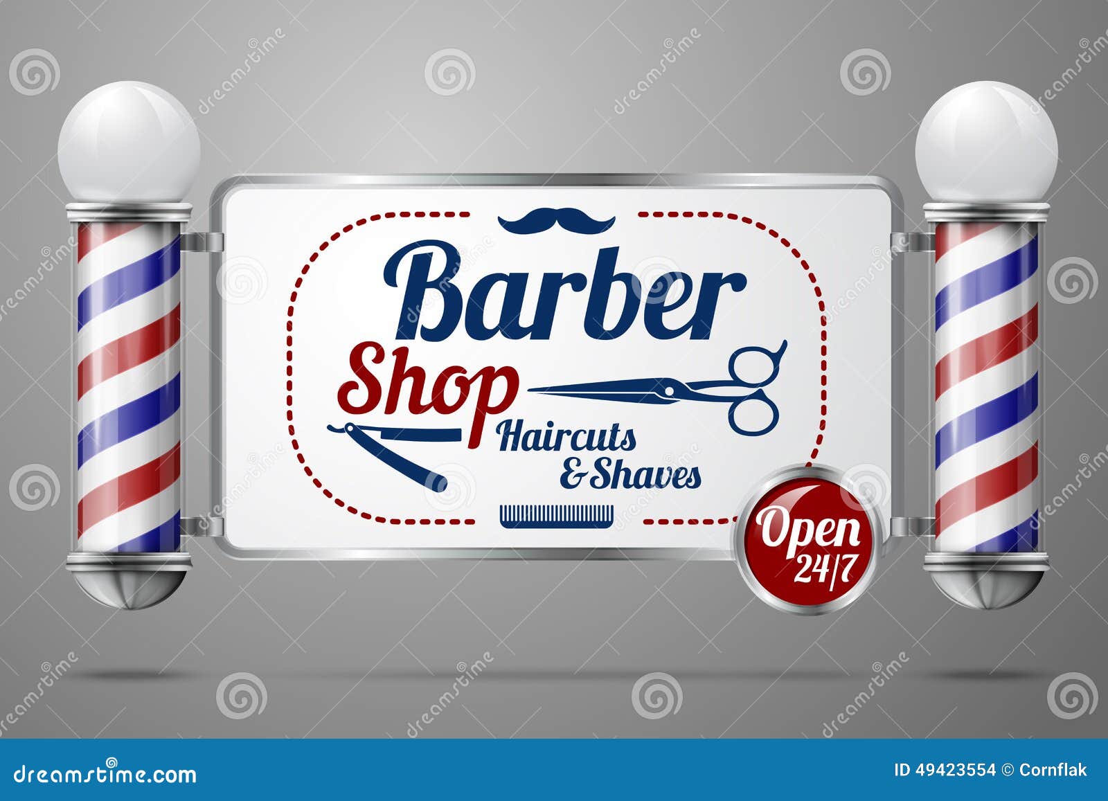 Realistic vector - two old fashioned vintage silver and glass barber shop poles holding Barber Sign. Isolated on grey background, for design and branding.