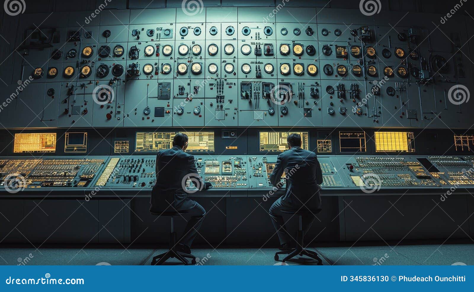 two operators monitoring control room with analog gauges and digital displays in a high-tech environment at night