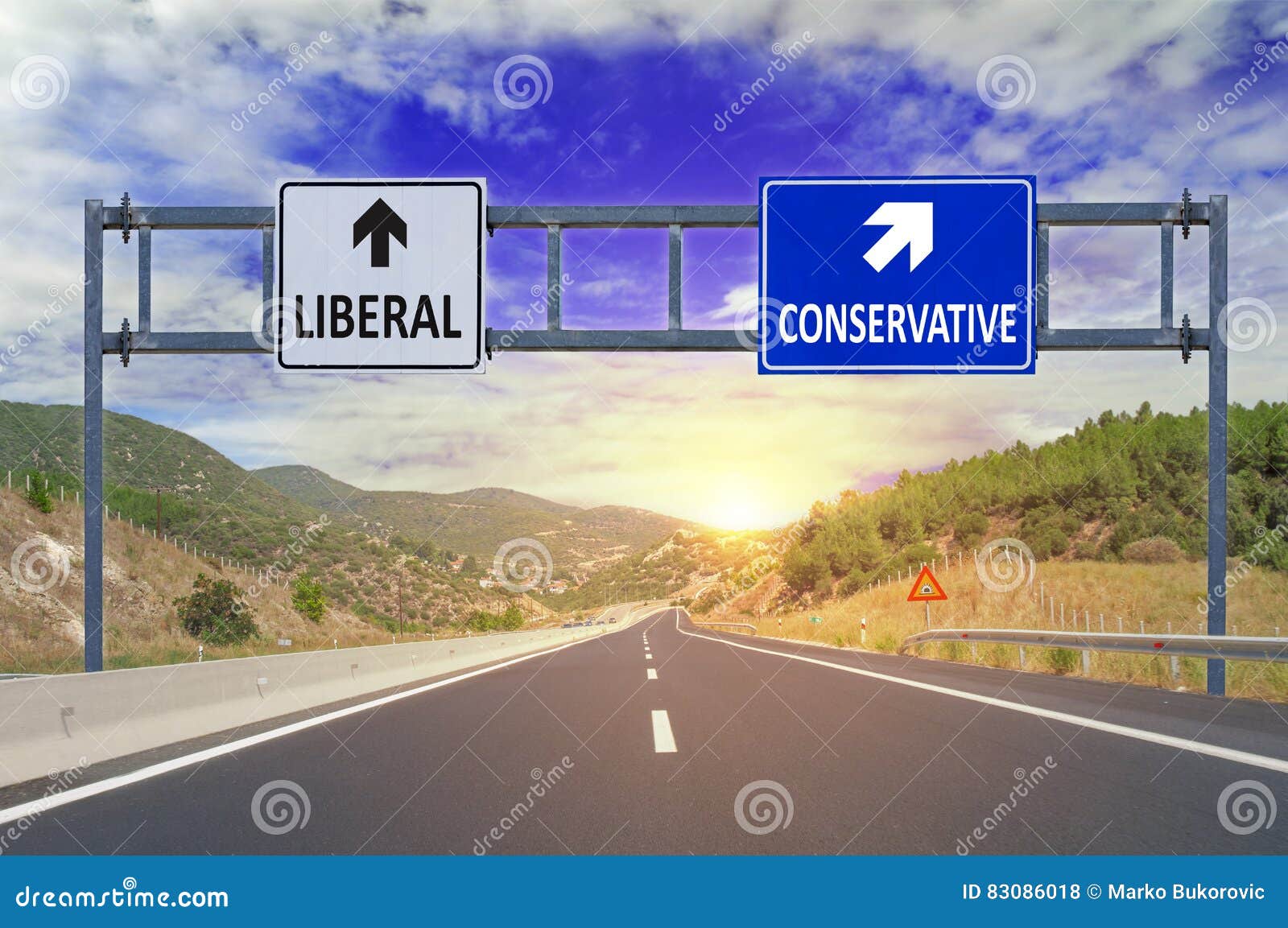 two options liberal and conservative on road signs on highway