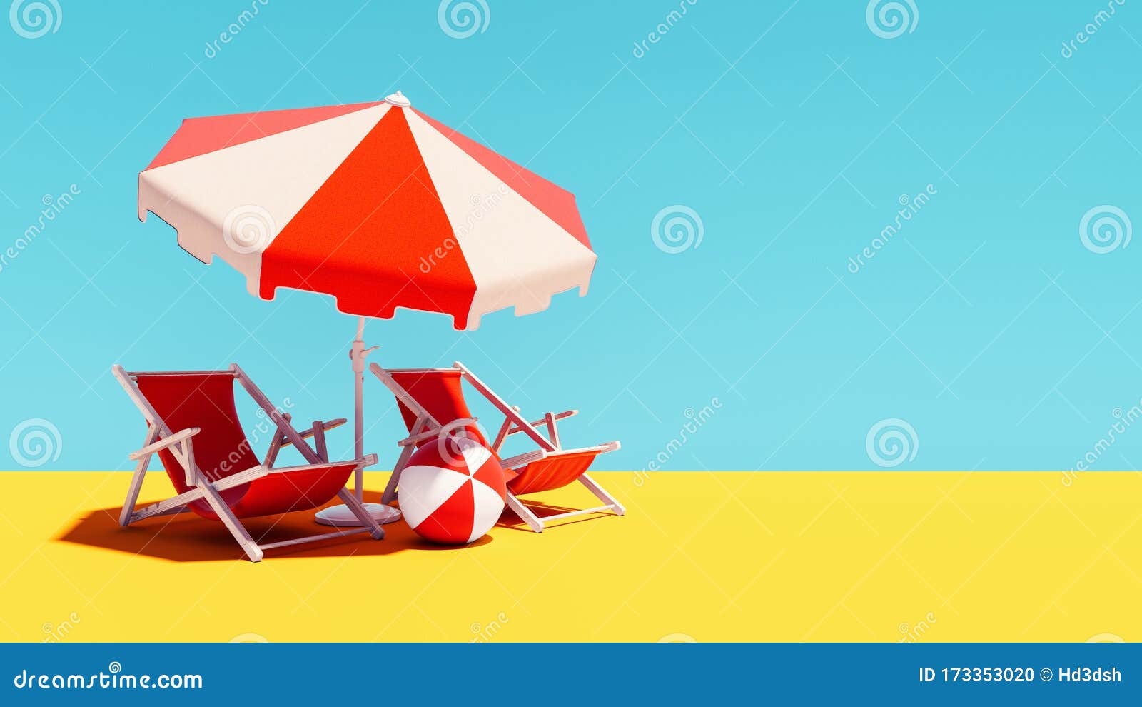 Two Orange Beach Chairs with Parasol on Blue Summer Background Stock