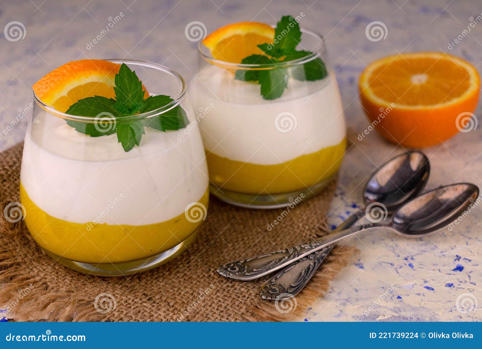 Two Orange Desserts with Mascarpone Cheese. Stock Photo Image of
