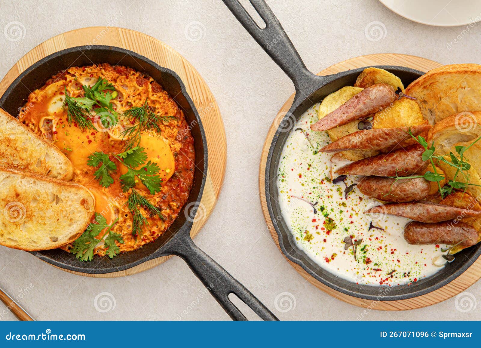 Two Pan Dishes with Sausages and Eggs Stock Photo Image of delicious