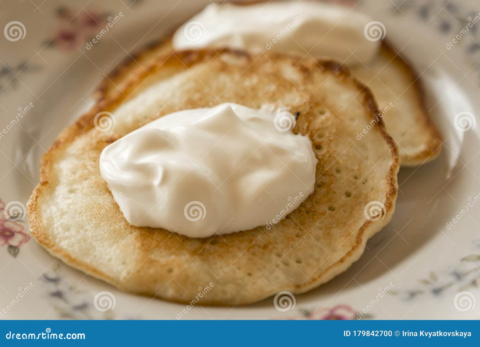 Two Pancakes with Sour Cream Stock Photo Image of kitchen, pancake