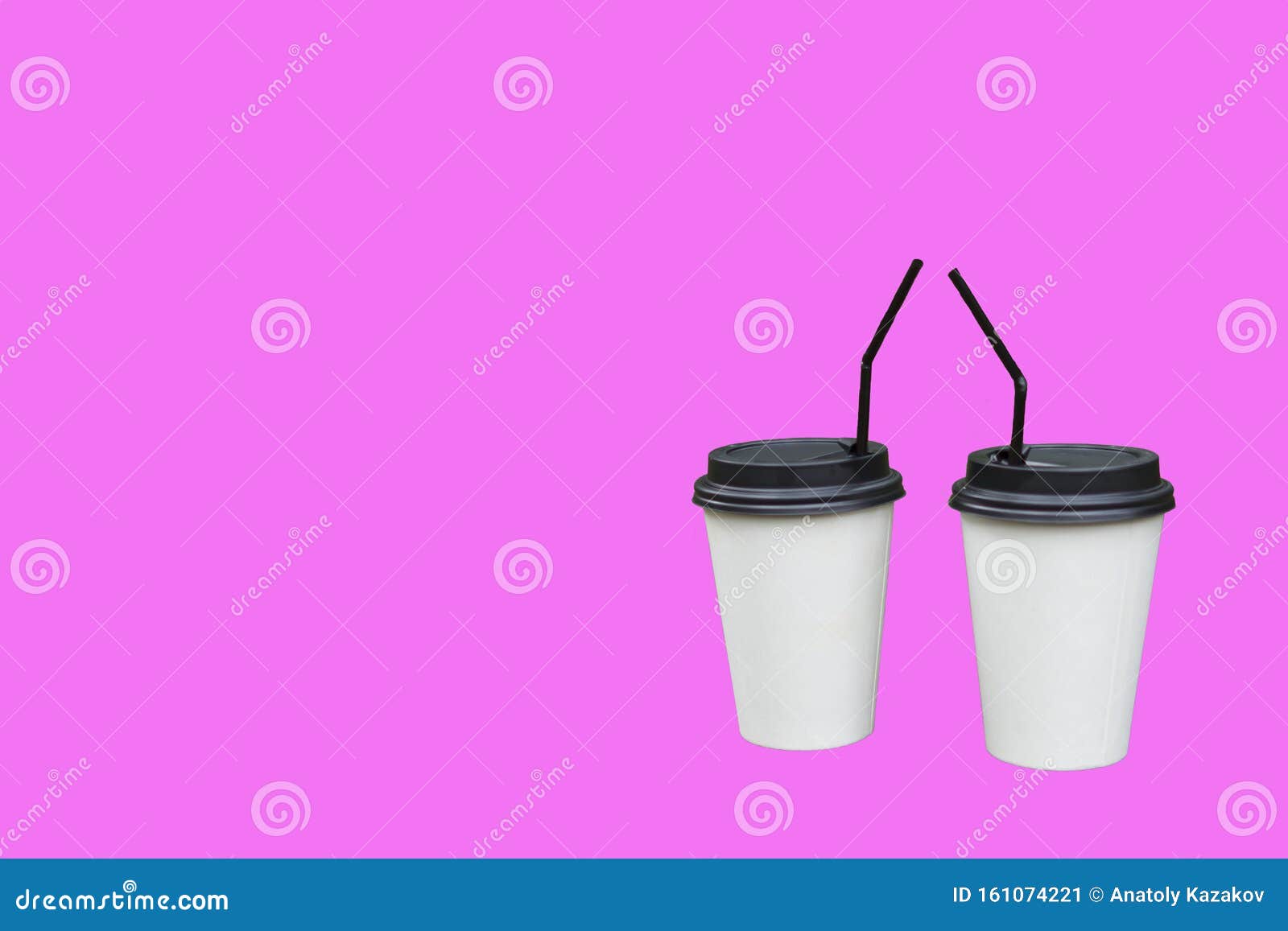 Two Paper Cups for Hot Drinks with a Straw on a Pink Background Stock