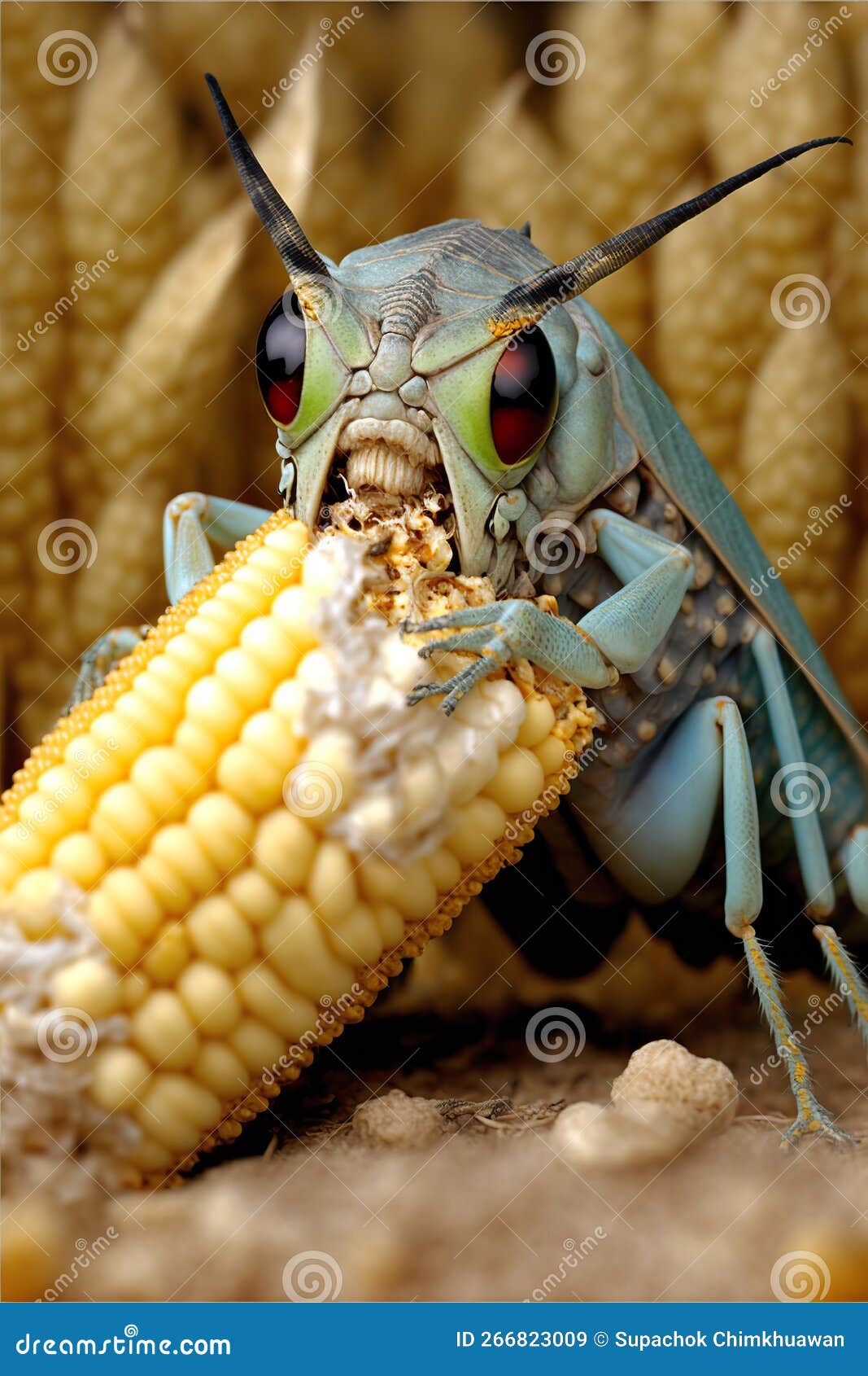 Voracious locust eats corn stock illustration. Illustration of ecosystem 266823009