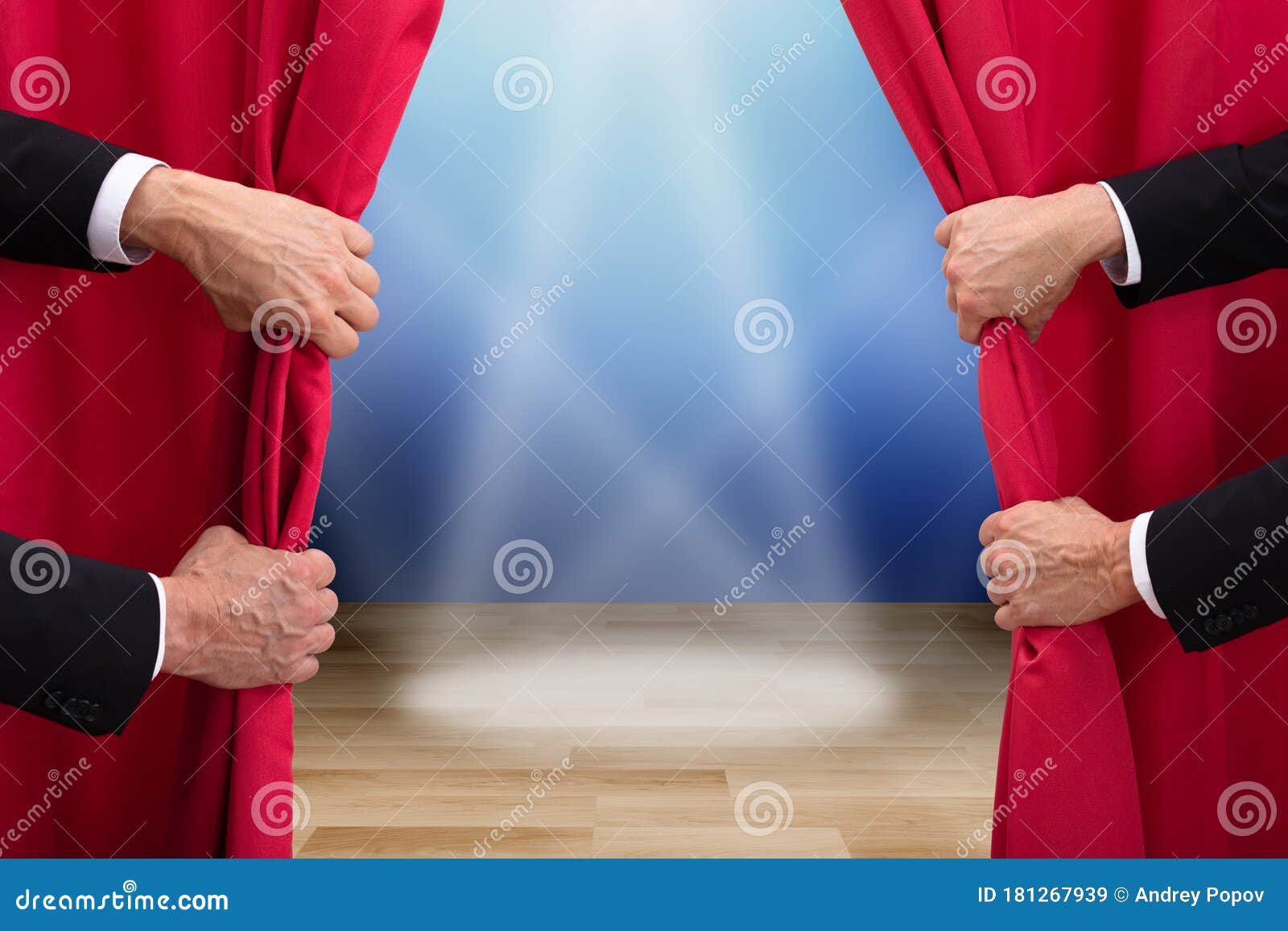 Two People Opening Red Stage Curtain Stock Image - Image of magic, beam