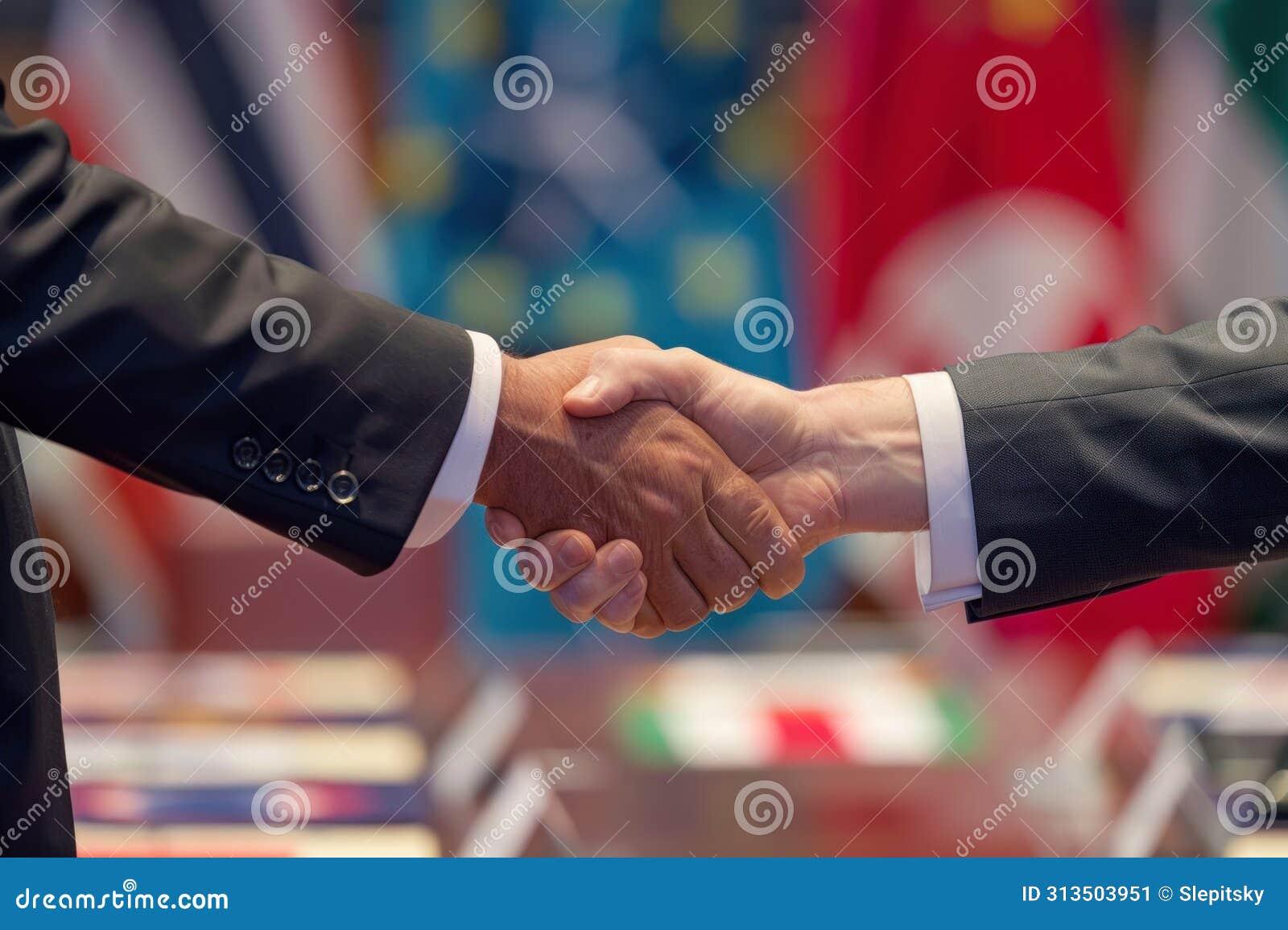 two people in suits shaking hands with g7 nation flags in the background