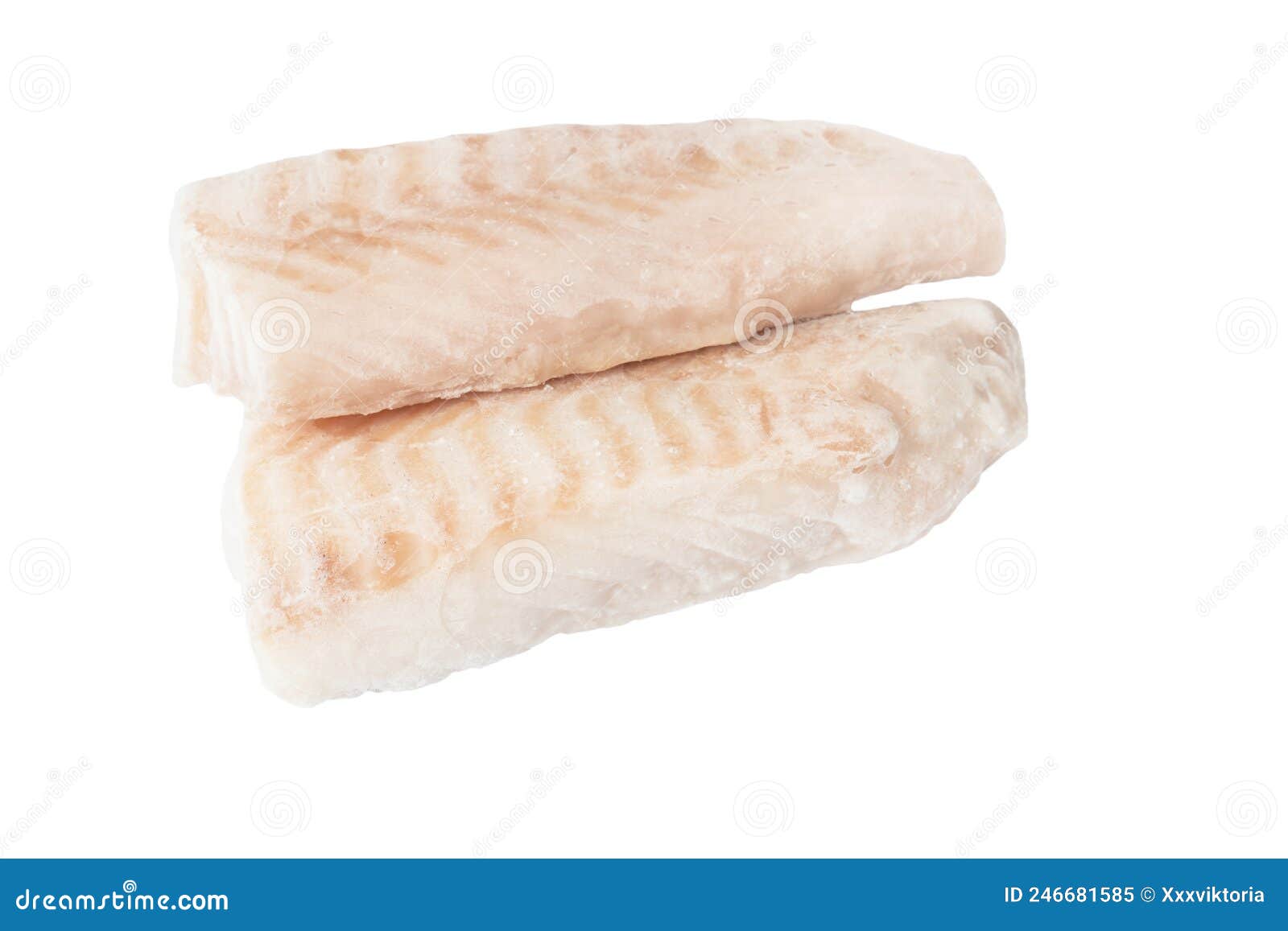 Two Pieces of Frozen Cod Fish Loins, Isolated on White Background Stock