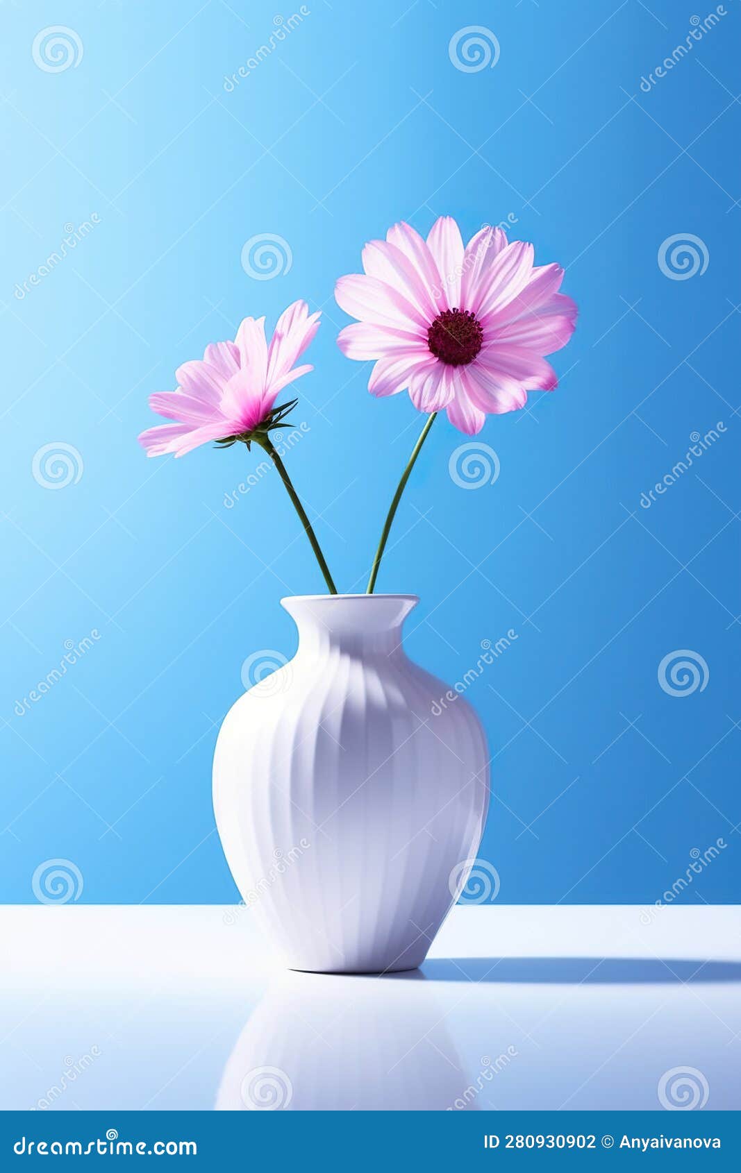 Two Pink Flowers in a White Vase on a Table. Generative AI Image. Stock
