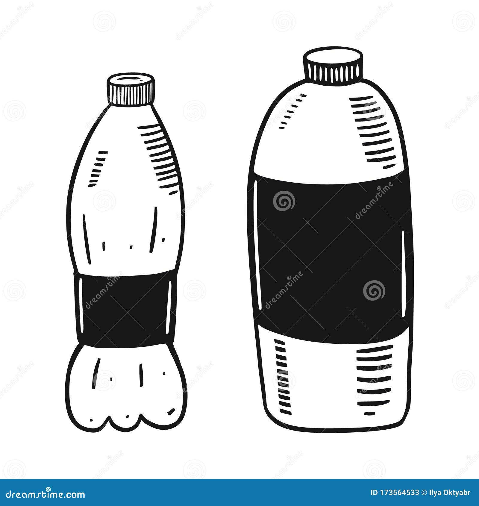 Two Plastic Bottles in Engraving Style. Hand Drawn Vector Illustation. Black Ink Stock Vector