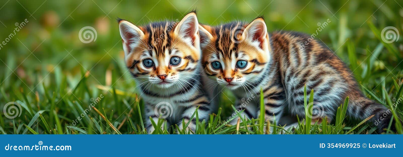 two playful tabby kittens exploring a lush green field on a sunny afternoon