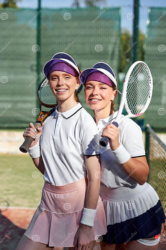 Two European Women on Court. Ladies in Sports Uniform with Tennis ...
