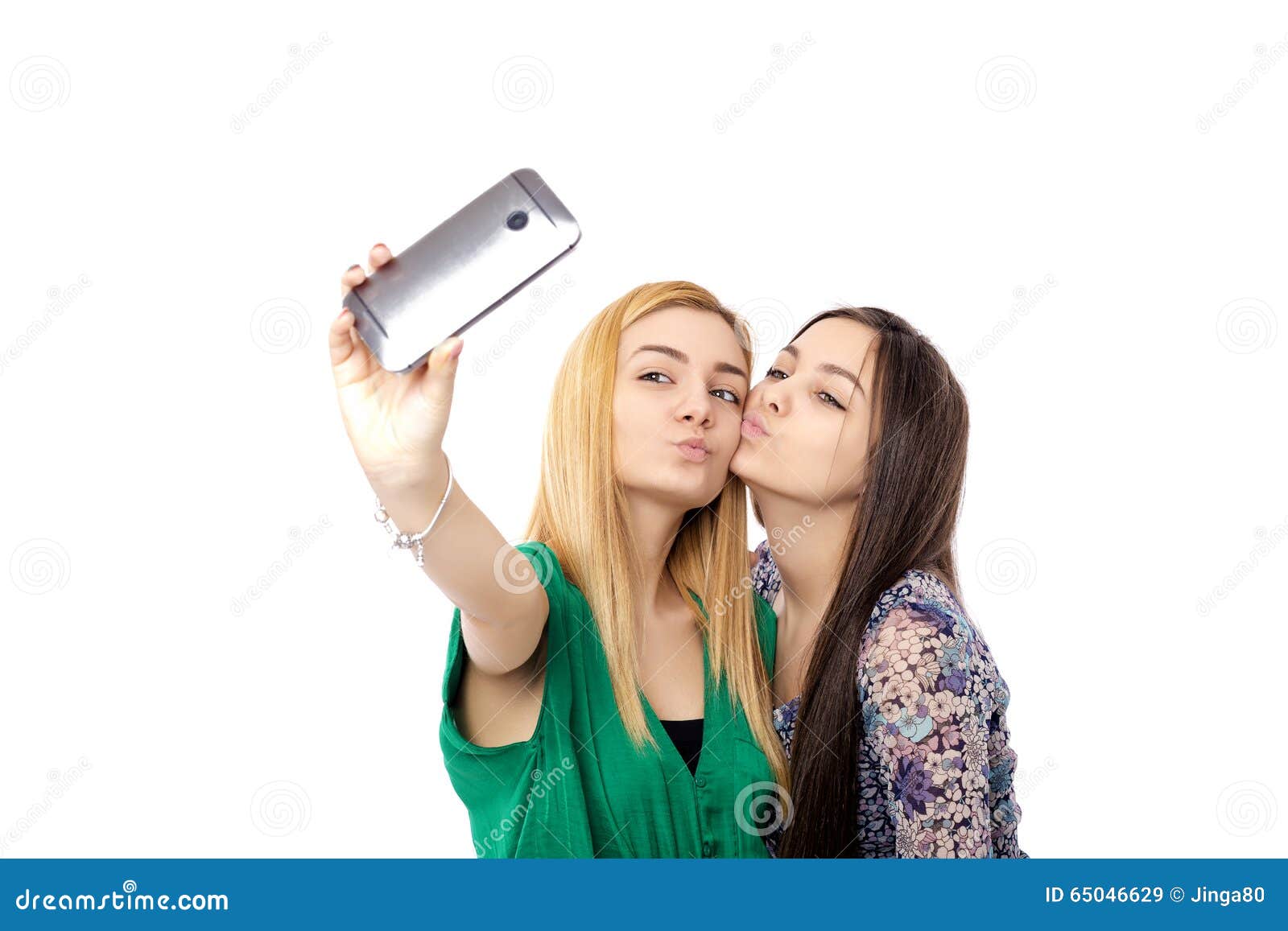 Two Pretty Girls Blonde And Brunette Taking Funny Selfie Kiss Stock Image Image Of Beauty
