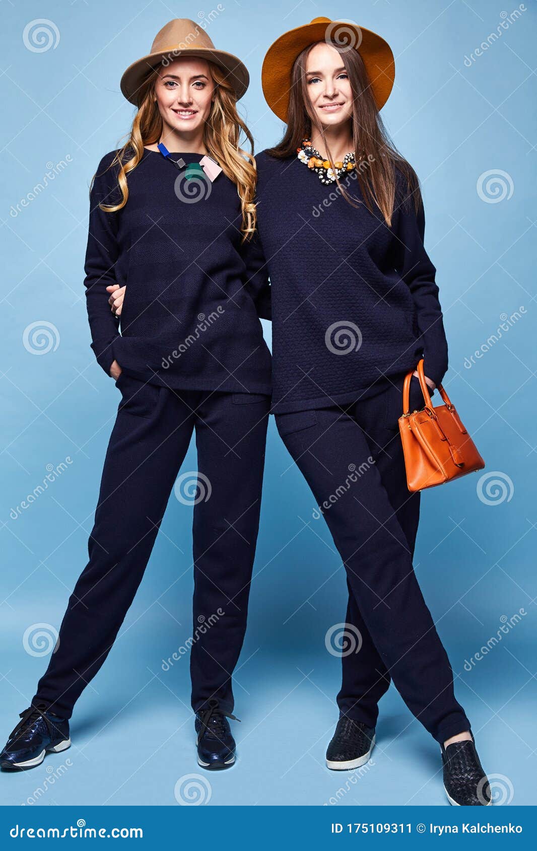 Two Pretty Woman Wear Wool Cashmere Suit Pants Sweater Dark Blue Color ...