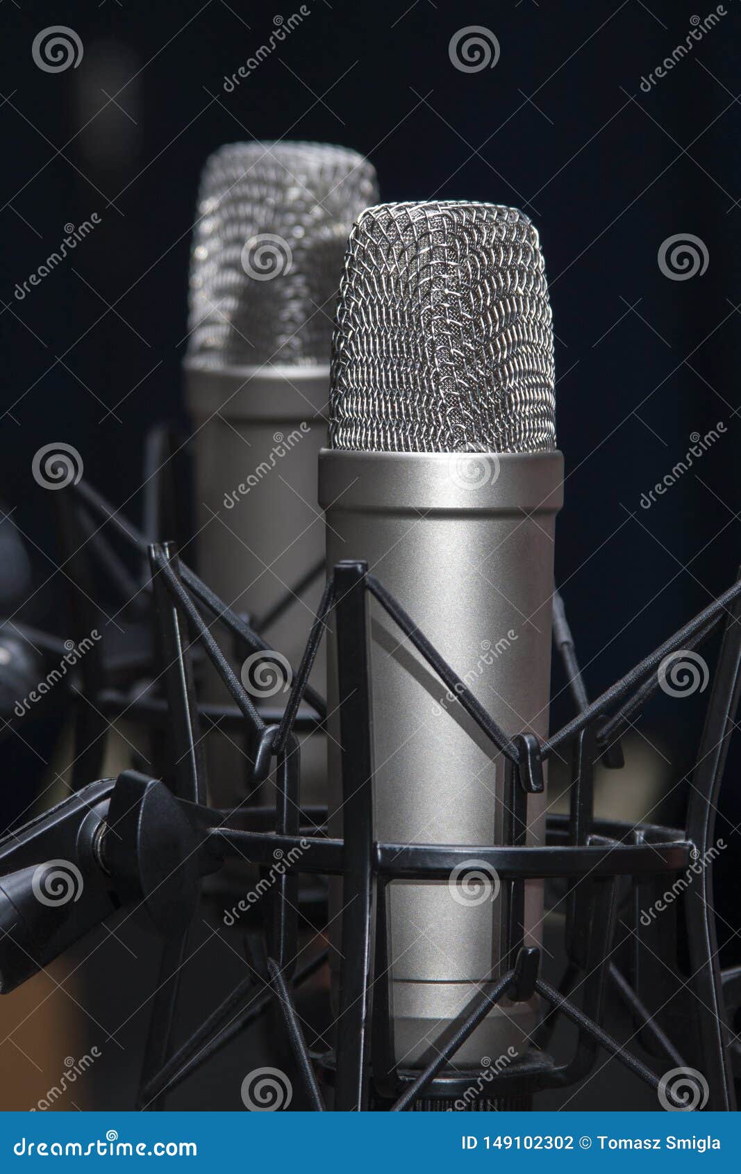two professional studio microphones on stands, podcasting, voiceover
