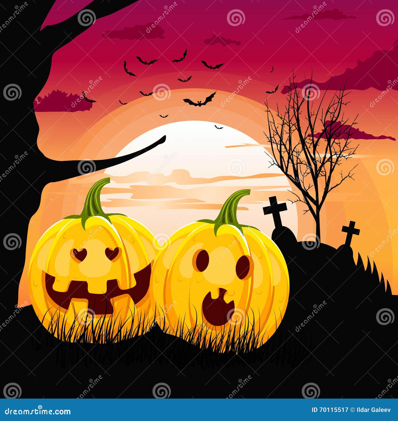 Two Pumpkins in Romantic Full Moon Halloween Night Date Stock Vector