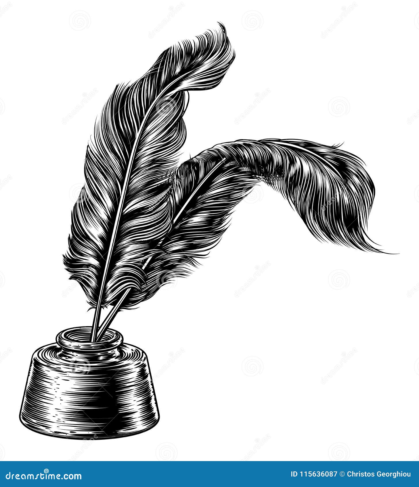 Hand Holds a Feather Quill Pen Drawn in Engraving Style