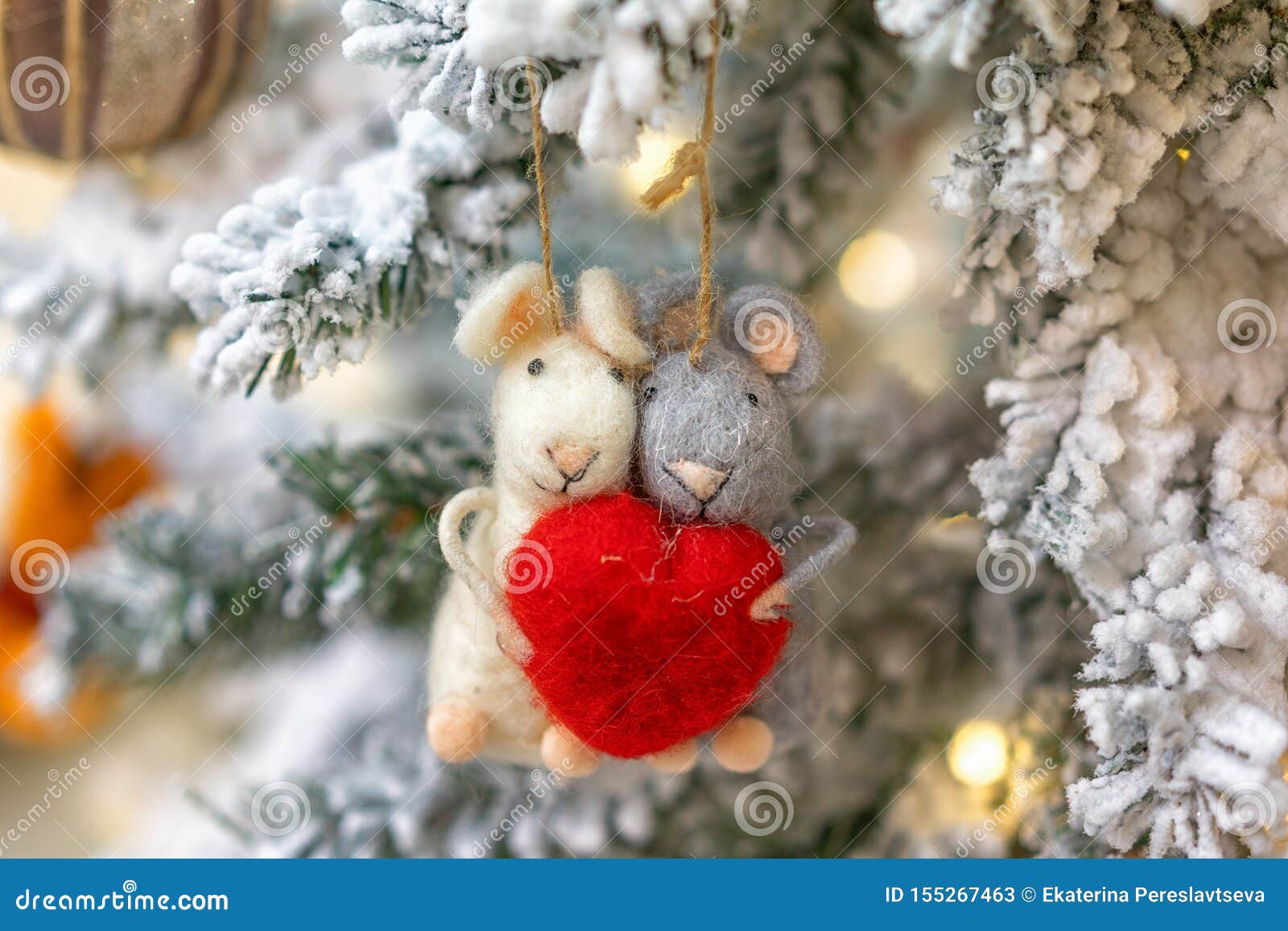 Two Rats Hanging on a Christmas Tree, Holiday Decoration Stock Image
