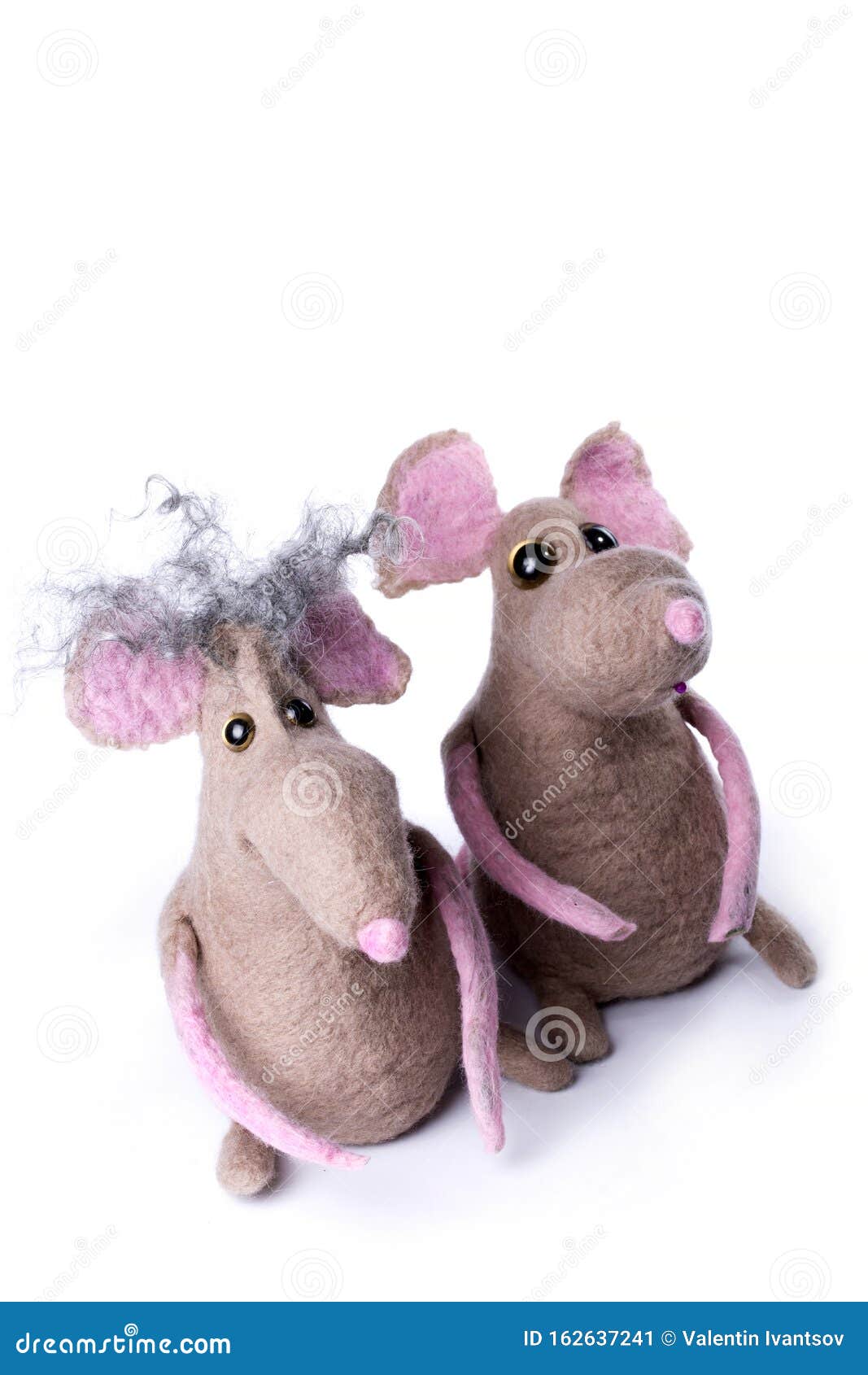 Two Rats Soft Toys Made of Felted Wool on a White Background Stock