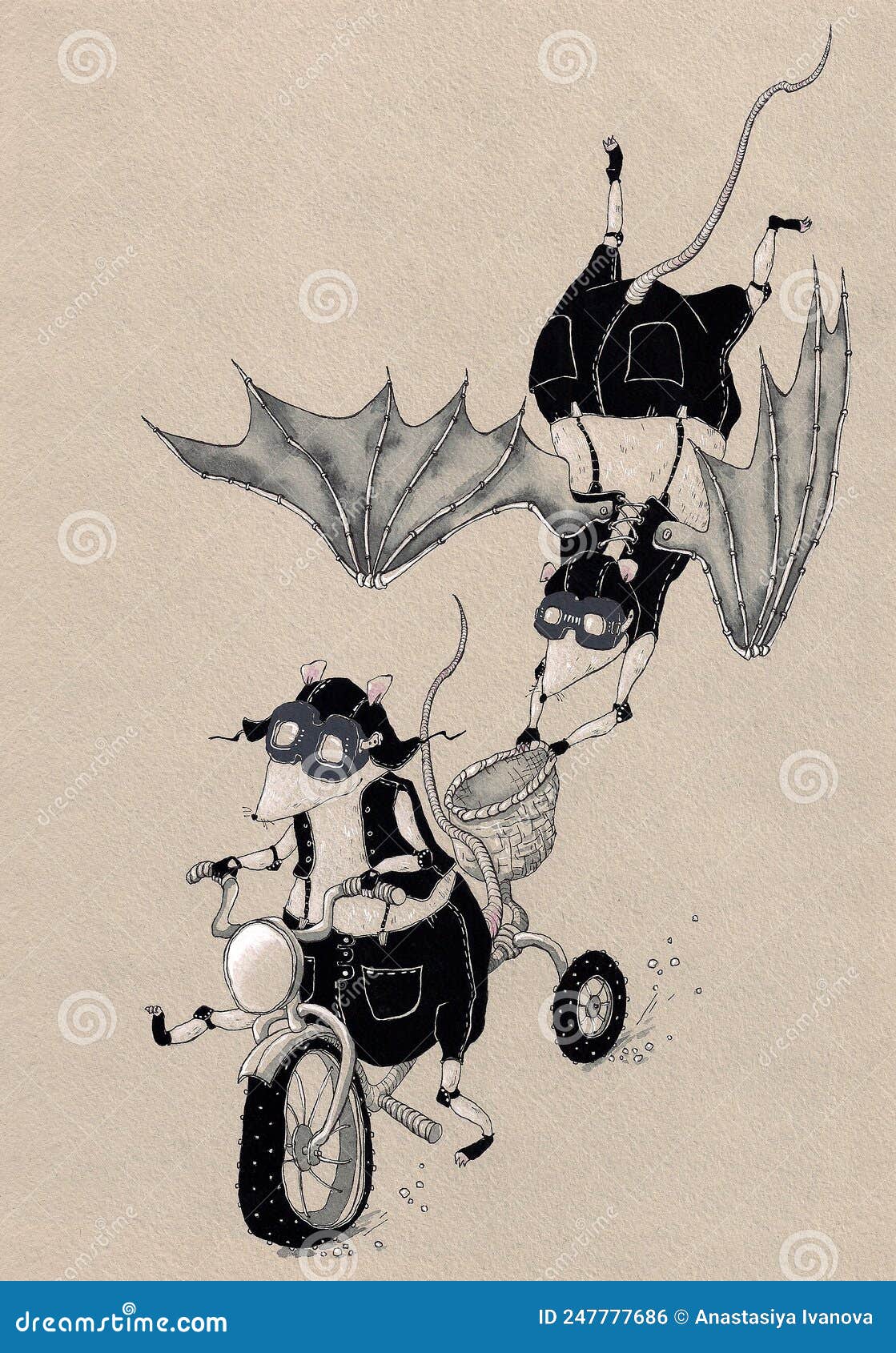 two rats with wings riding motocycle.