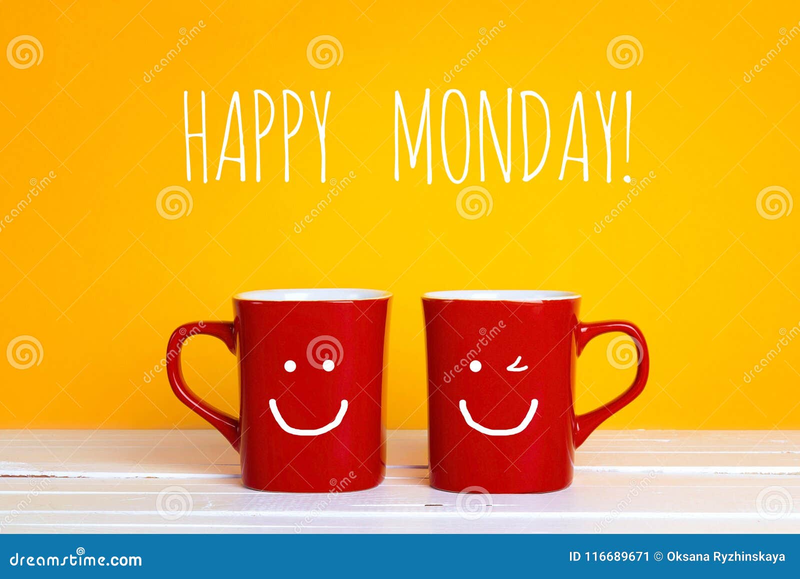 Two Red Coffee Mugs with a Smiling Faces on a Yellow Background Stock ...