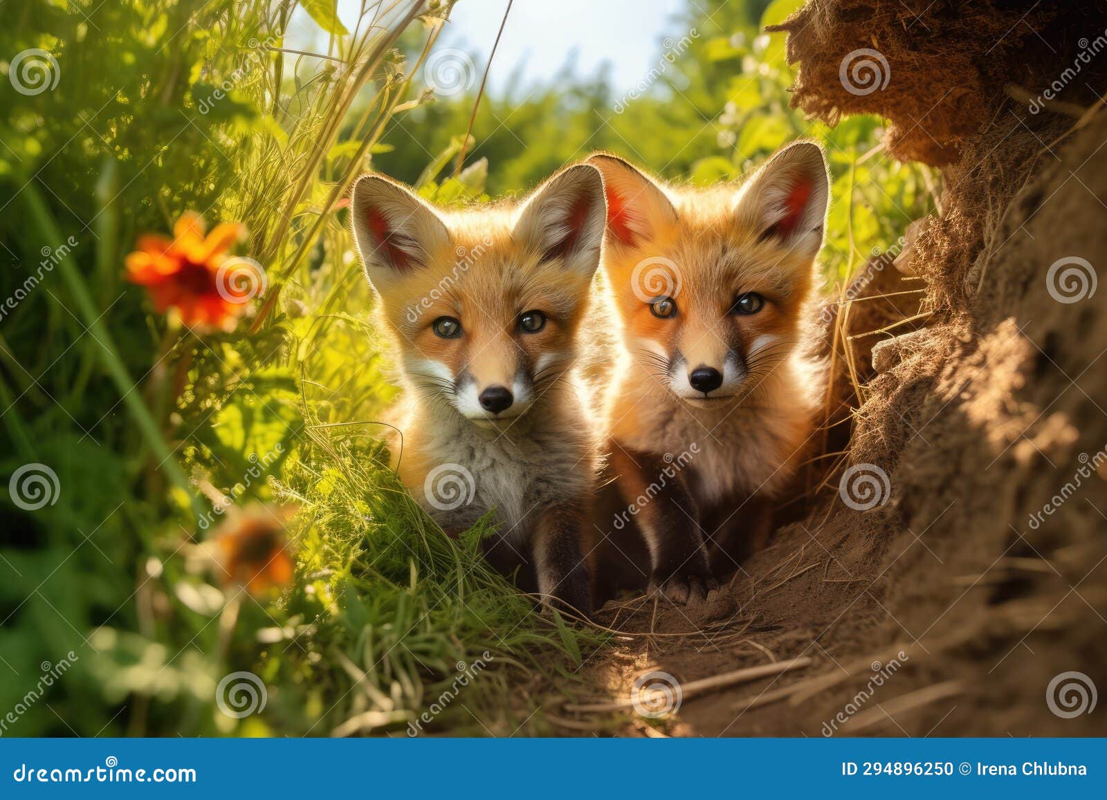 Two Red Fox, Cubs Looking Around Near Den on a Sunny Day in Summer ...