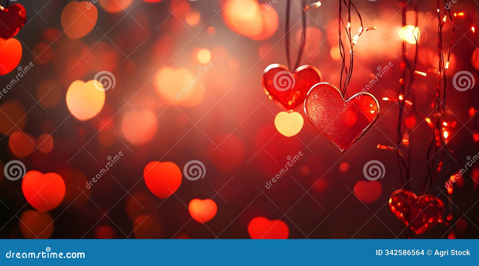 two red heart-d lights hanging on string lights with bokeh background